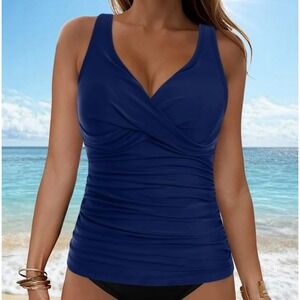 City Chic Womens Navy Blue Ruched Wrap V-Neck‎ Tankini Swim Top XS Plus Size